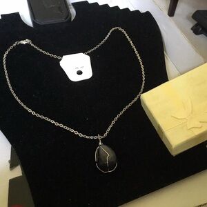 Silver Black Stone Pendant Necklace with Delicate Chain